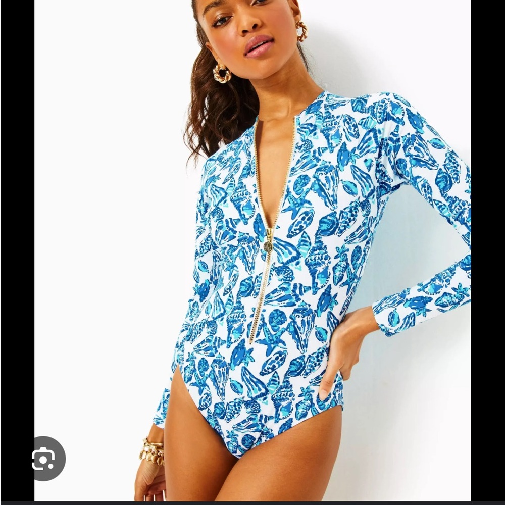 Lilly Pulitzer Randee rashguard swimsuit upf 50+ shell collector size 0